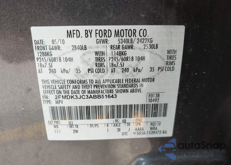 2010 Ford Edge Sel из США, поврежденный, VIN 2FMDK3JC3ABB51643